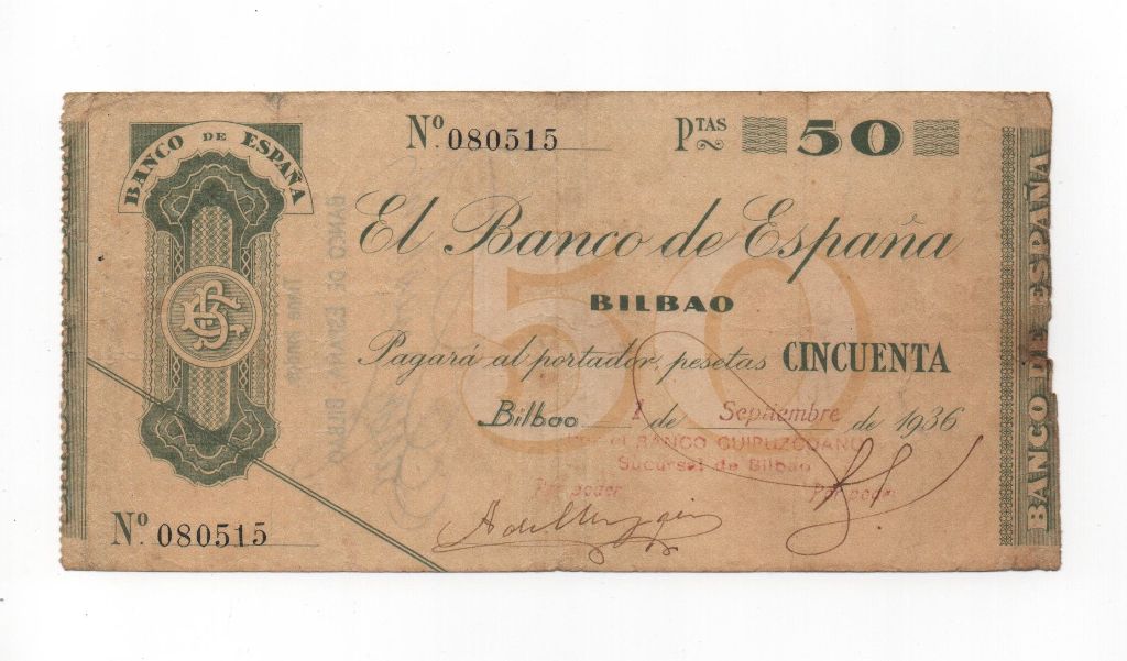 ESPAÑA BILLETE LOCAL REPUBLICANO DEL AÑO 1936 DE 50 PESETAS. BILBAO